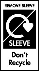 White recycling swoosh with diagonal line through it on a black background with the words "sleeve" and "Don't Recycle"underneath and the words "Remove Sleeve" above